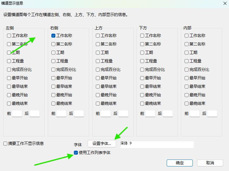 设置横道上下左右及内部显示的信息和字体