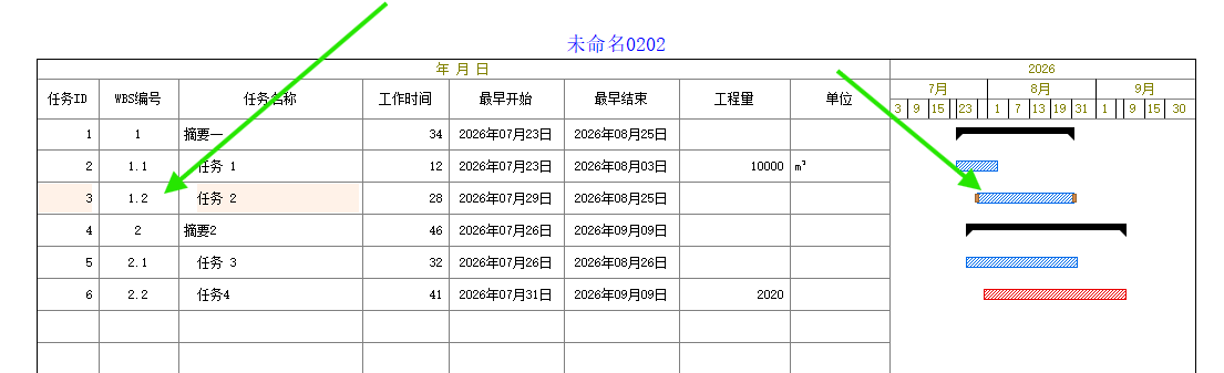 单击任务2所在行将工作选中