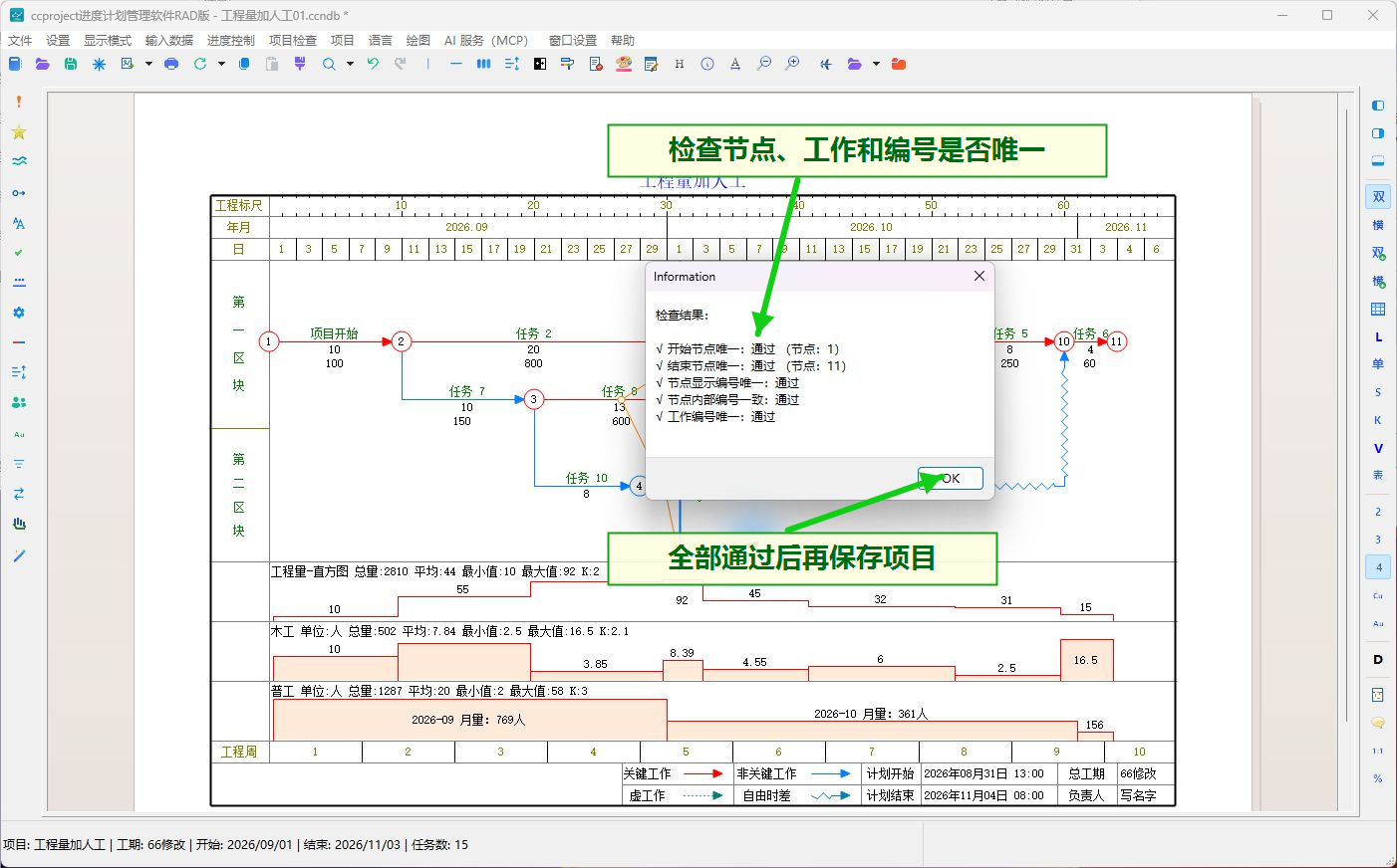 执行网络图检查并确认检查项目全部通过